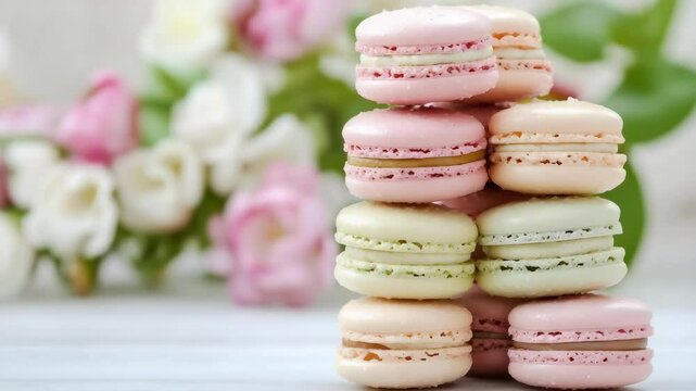 A stack of colorful macarons in pastel shades, set against a blurred background of flowers.