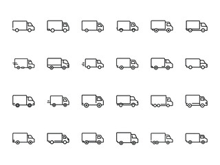 Bundle of Delivery Truck Silhouettes in Minimal Line Style on White Background – Logistics, Transport, Shipping, and Courier Icon Collection

