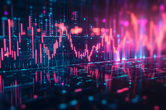 Financial stock market analysis with candlestick graph on dark digital background for technology investment aesthetics - Powered by Adobe
