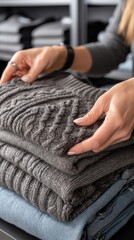 Fototapeta premium A woman takes clothes from her closet, arranging neatly folded jeans and sweaters on a table in her elegantly designed bedroom