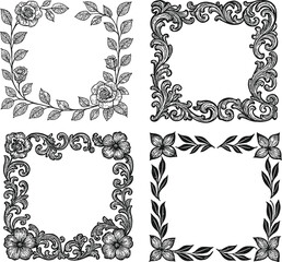 Vintage Decorative Frame and Element Set with Ornate Borders and Floral Design