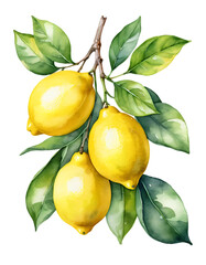 Vibrant Watercolor Illustration of Fresh Lemons on Branch with Lush Green Leaves Isolated on White Background