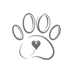 Paw Print with Heart Black and white illustration
