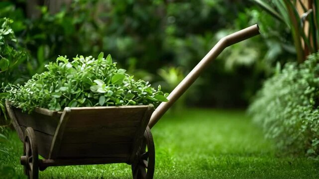 A wooden wheelbarrow filled with fresh green herbs, surrounded by lush greenery in a garden setting.
