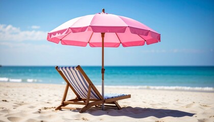 blue sky over a tropical beach with a solitary umbrella and chairs inviting relaxation by the clear ocean water and golden sand