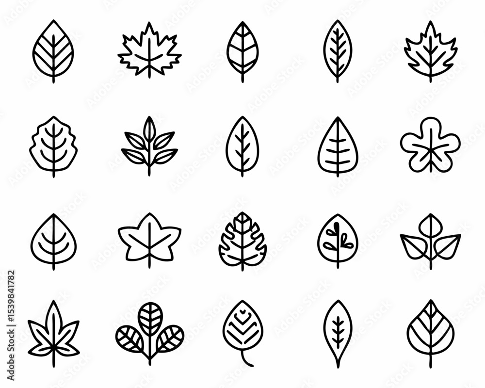 Wall mural collection of various leaf vector icons in line art style for botanical designs and nature illustrat