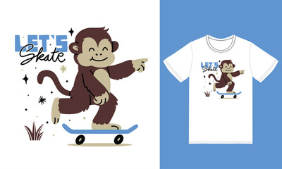 Cute monkey playing skateboard illustration with tshirt design vector