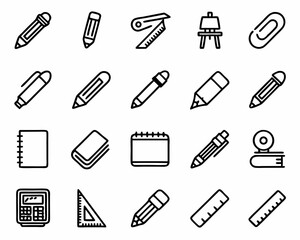 Stationery office supplies vector icon set drawing tools writing instruments school equipment study items design 100
