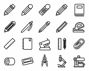 Stationery vector icon set drawing tools and office supplies pencil pen ruler notebook stapler microscope drawing 100