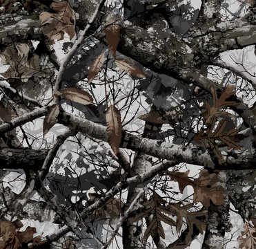 Realistic forest camouflage. Seamless pattern. Conifer tree, branches and leaves. Useable for hunting and military purposes.