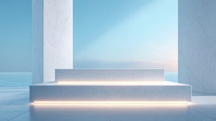 minimalistic stage podium with clean lines in spacious interior offering abundant copy space