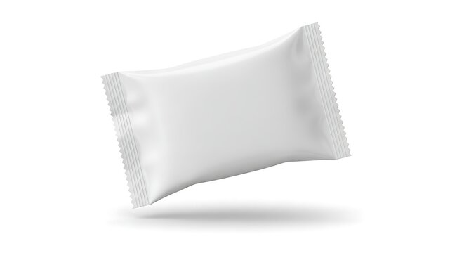 Blank white flow pack mockup floating on white background.