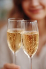 minimum decoration focus on anniversary celebration couple toasting with champagne blurred people in backdrop