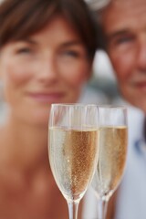 minimum decoration focus on anniversary celebration couple toasting with champagne blurred people in backdrop