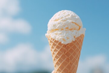 of single vibrant ice cream cone held up against bright blue sky with abundant copy space