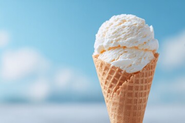 of single vibrant ice cream cone held up against bright blue sky with abundant copy space