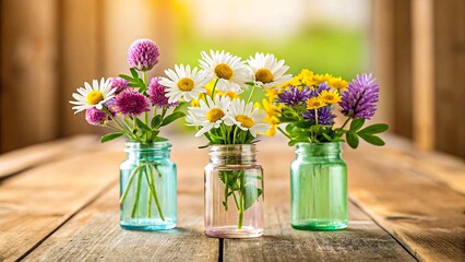 Fototapeta premium Three glass jars with mixed wildflower bouquets on wooden table, charming rustic floral decor 