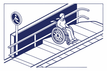 Person in wheelchair ascending accessible ramp