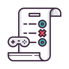 Illustration of a game controller next to a document with circles and crosses on a stand