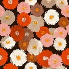 Bright and cheerful floral pattern with vibrant orange pink and cream daisies creating lively and joyful botanical background perfect for spring and summer design