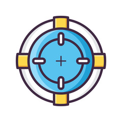 Illustration of a blue and yellow crosshair target with concentric circles and markers on the perimeter