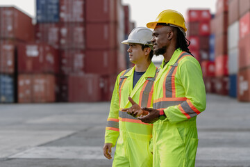 Industrial engineer standing at shipping container yard inspecting cargo delivering loading as plan. Cargo manager and diverse ethnic worker checking import export container at logistic terminal dock.