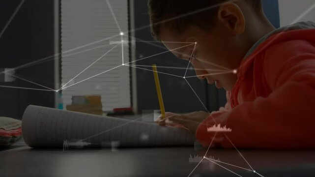 Boy starting writing in notebook, generating animated nodes, charts illustrating education progress - Powered by Adobe