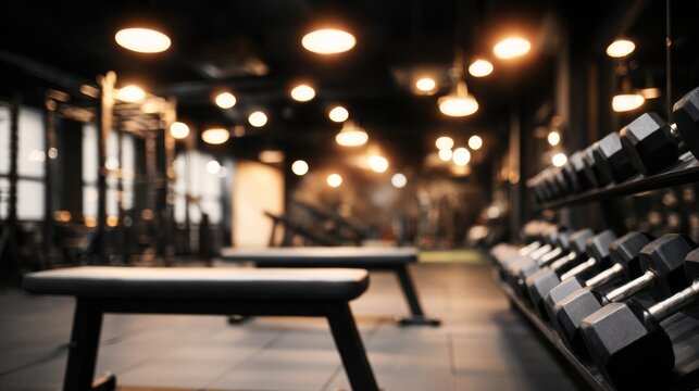 Modern indoor gym with warm lighting, black weight-lifting benches, neatly arranged dumbbells, and blurred background of exercise equipment in cozy, motivating environment.