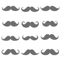 Collection of various gray mustaches on a white background