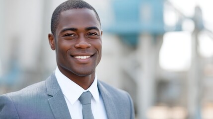 portrait of individual in blurred coal industry setting dressed professionally