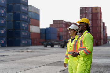 Industrial engineer standing at shipping container yard inspecting cargo delivering loading as...