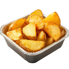 Potato wedges in a tray on transparent background.