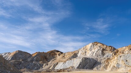 quarry landscape with layered rock formations under clear blue sky