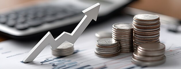 Upward-trending graph highlights financial metrics with stacks of coins and an arrow in a modern office setting, emphasizing growth