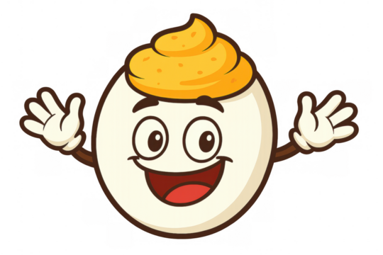 Cheerful egg character sporting mustard-colored mustache, grinning widely and waving, whimsical cartoon style on transparent backdrop