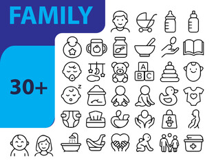 Family Life Line Icons Set,  Editable Vector Icons for Parenting, Relationships, Home, and Daily Family Activities