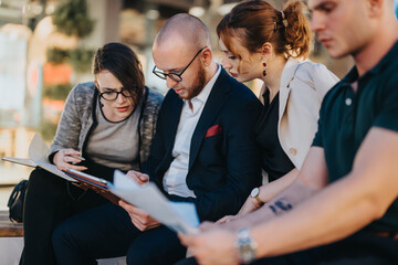 A group of entrepreneurs engaged in discussion, brainstorming ideas, and analyzing documents during...