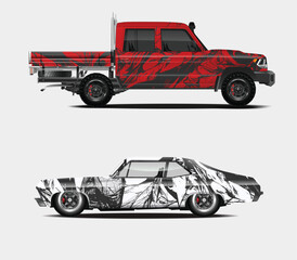 Red Pickup Truck and Black Muscle Car with Abstract Designs