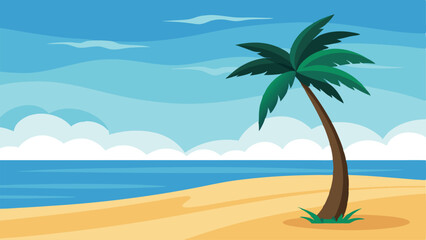Seascape with palm tree on sandy beach. Vector illustration.