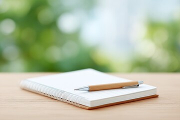 simple wooden desk with single open notebook and pen placed centrally on sunlit surface