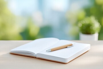 simple wooden desk with single open notebook and pen placed centrally on sunlit surface