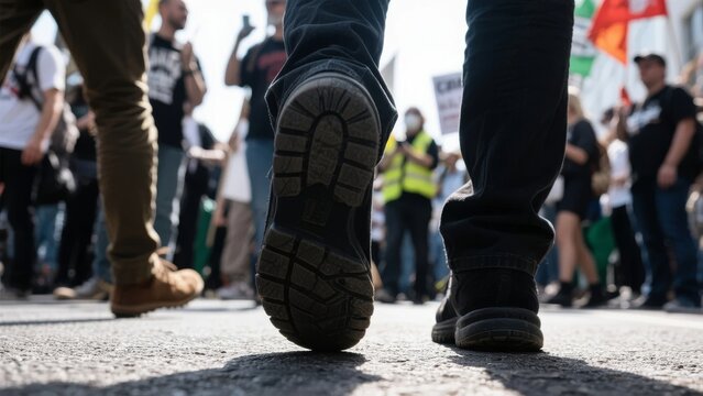 Close-up of feet walking on pavement during a public gathering with people in the background holding signs.