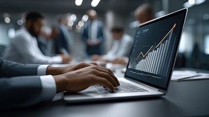 Businessman analyzes data on laptop while colleagues discuss strategies for success in a modern office environment