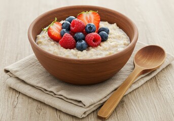 A bowl of oatmeal with berries and a wooden spoon resting on a linen cloth set on a wooden table