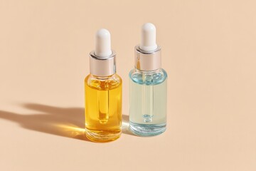 two glass bottles with droppers cast subtle shadows against plain pastel background