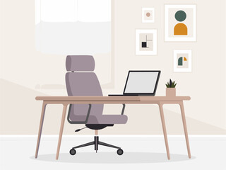 Vector illustration of a clean, minimalist workstation with a chair and blank laptop screen. Room features wall art, tidy space, perfect for home office, remote work, or productivity concepts.