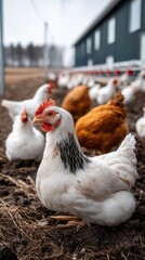 Fototapeta premium A warm light shines softly on a brown hen nestled among white hens on a chicken farm, creating a serene and dreamy environment