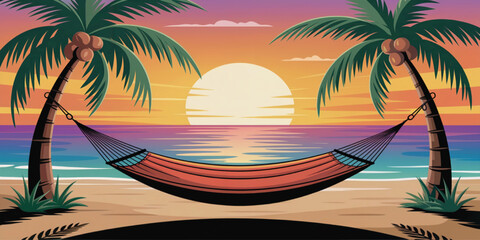 Serene Sunset Beach Scene with Hammock under Palm Trees: Relaxation Vacation Tropical Paradise