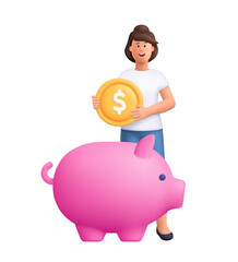 Woman Jane holding a large gold coin with a dollar sign, standing next to a big pink piggy bank. Personal finance, financial planning concept. 3d vector people character. Cartoon minimal style.