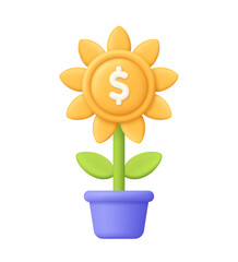 Money plant with coin dollar in pot. Financial growth, business profit, investment and business income concept. 3d vector icon. Cartoon minimal style.